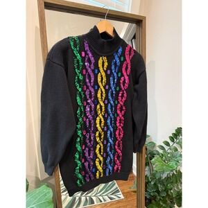 Vintage Diffusion Black Mock Neck Sweater Sequin Gemstone Embellished Knit Sz M